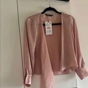 Chic Pink Satin Blouse with Pearl Buttons